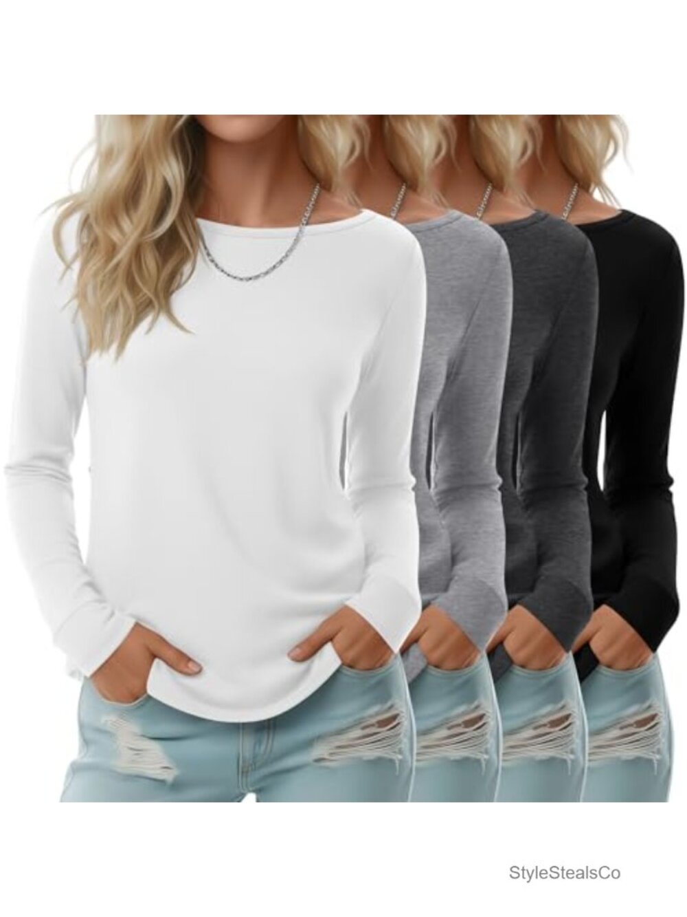 4 Pack Women's Cotton Boat Neck Long Sleeve Tee Shirts